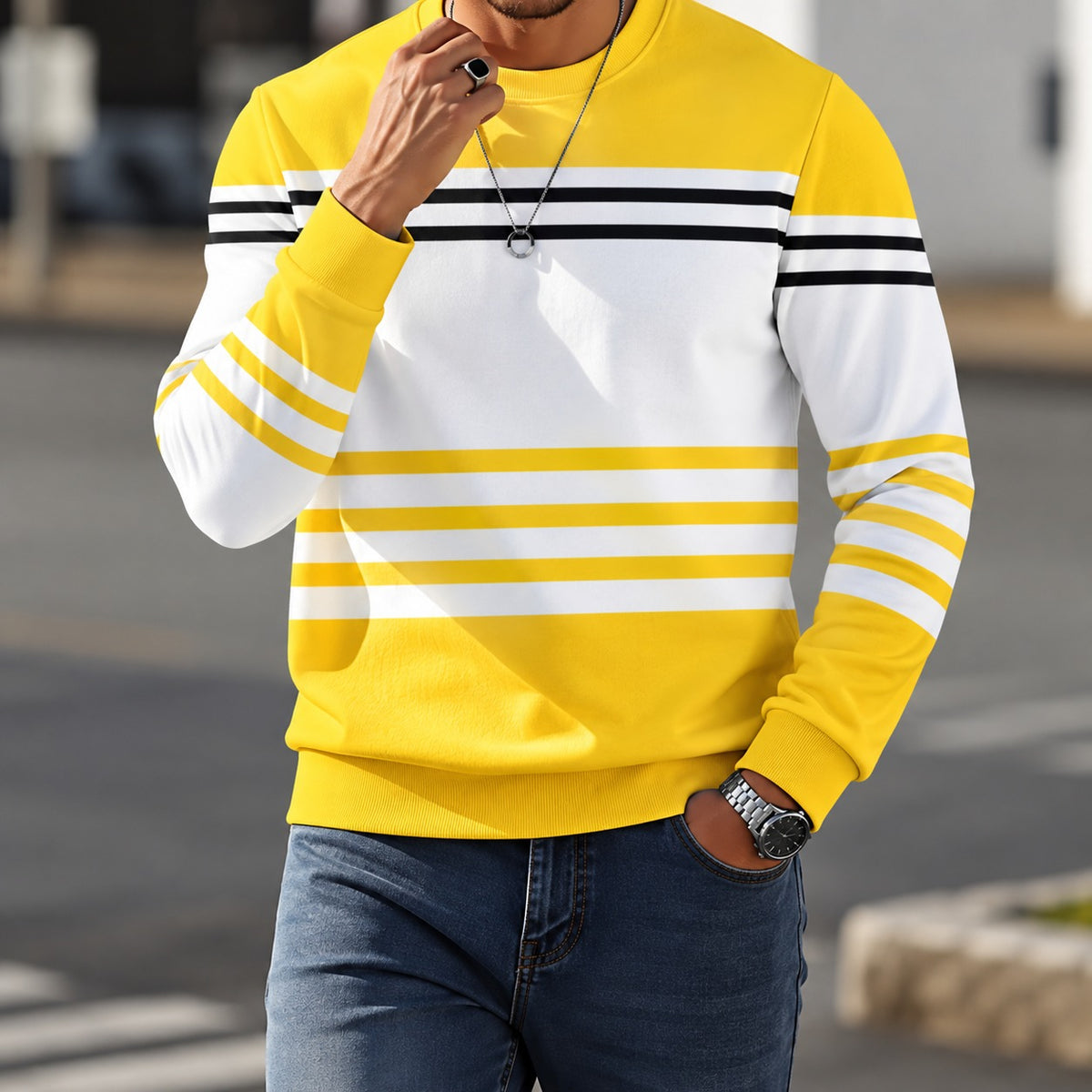 Aldemar™ Sweatshirt with Contrast Stripes, Crew Neck and Ribbed Cuffs