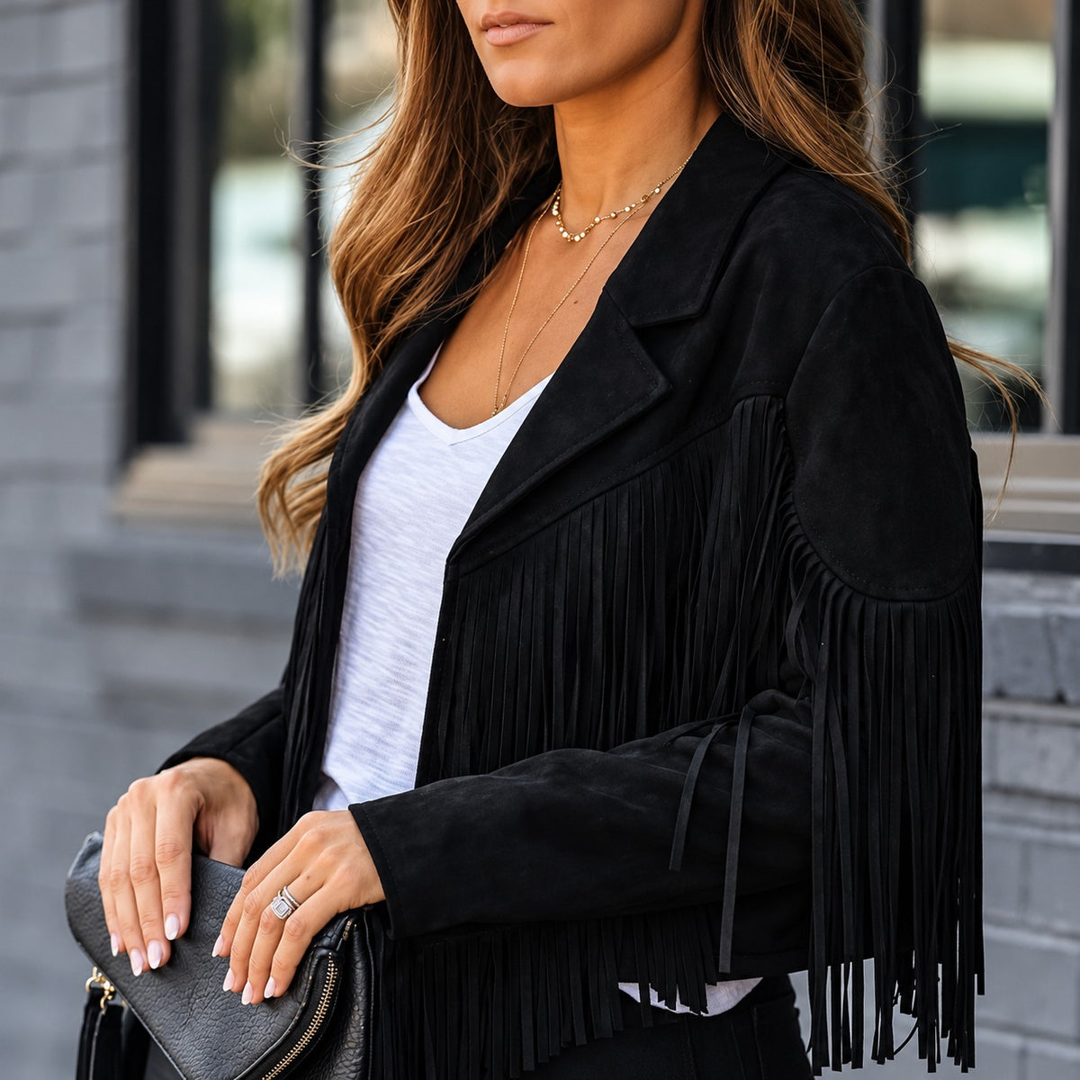 Jacket Montana™ with Long Fringe, Notched Lapels and Suede-Like Finish