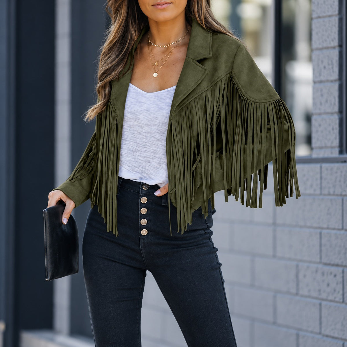 Jacket Montana™ with Long Fringe, Notched Lapels and Suede-Like Finish