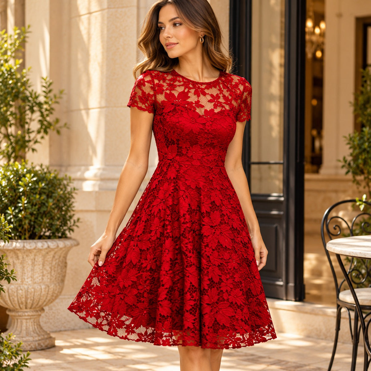 Lisavena™ Dress with Floral Cutout Lace, Defined Waist and Gently Flared Skirt