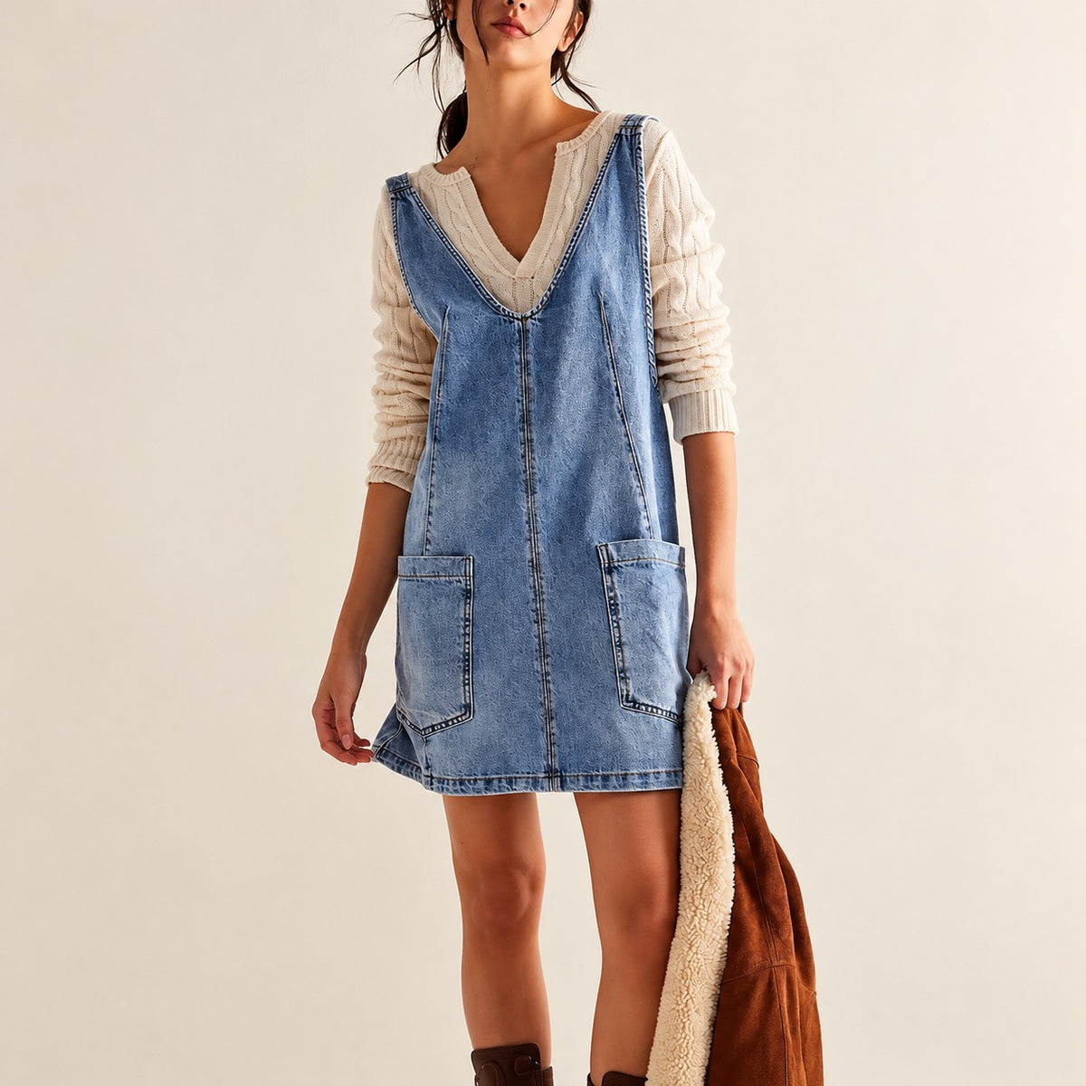 Dress Monroe™ Denim Mini with Adjustable Straps, Deep V-Neck and Open Back