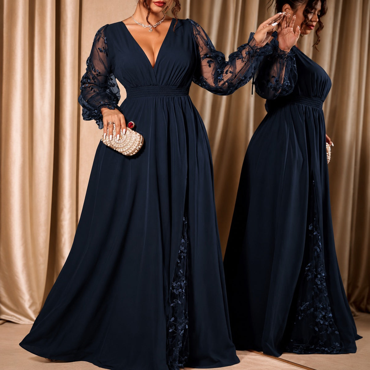 Dress Evelina™ with A-Line Silhouette, Floral Lace Sleeves and Sheer Side Slit