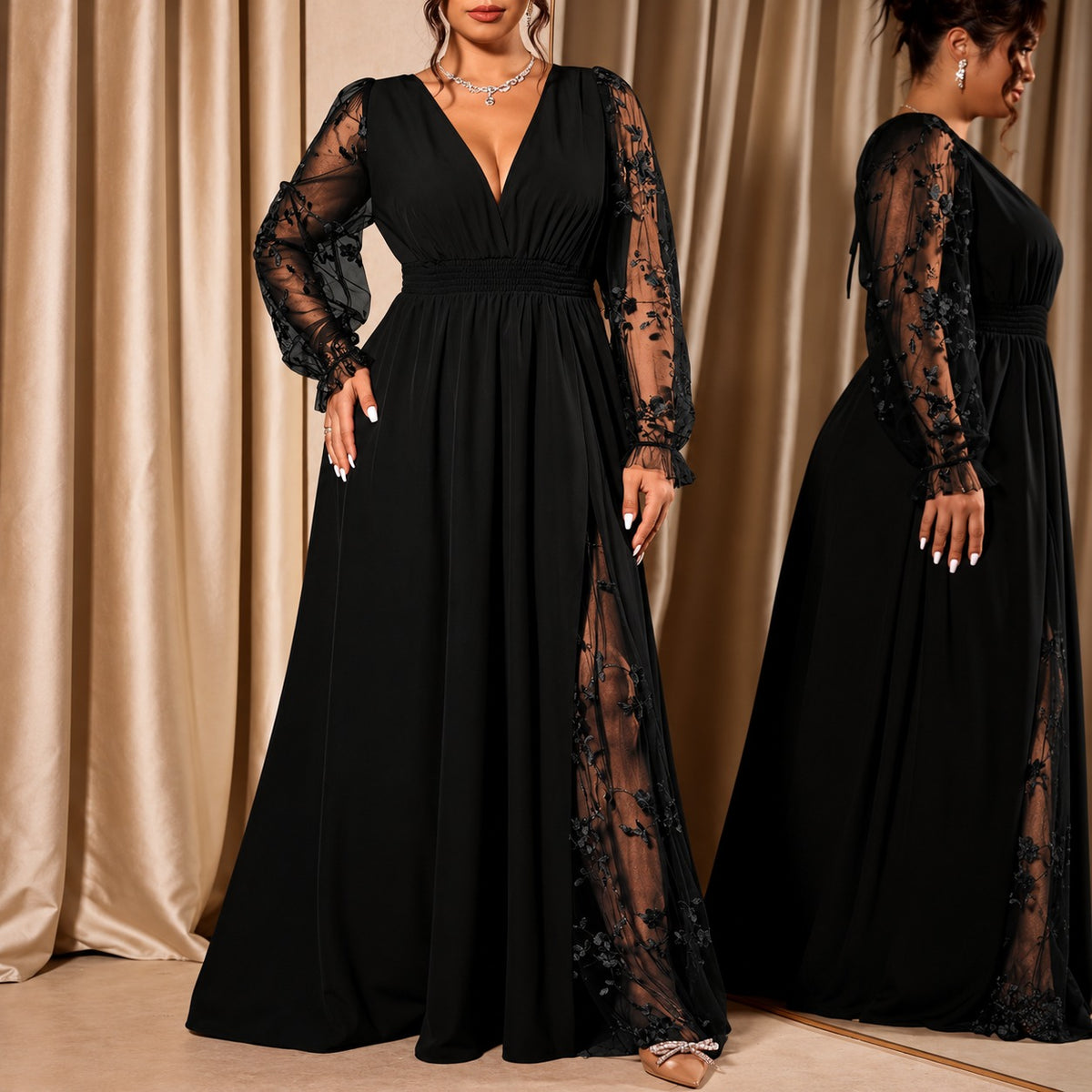Dress Evelina™ with A-Line Silhouette, Floral Lace Sleeves and Sheer Side Slit