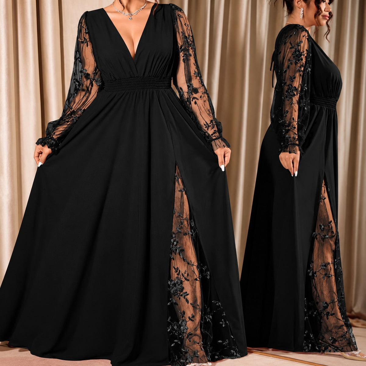 Dress Evelina™ with A-Line Silhouette, Floral Lace Sleeves and Sheer Side Slit
