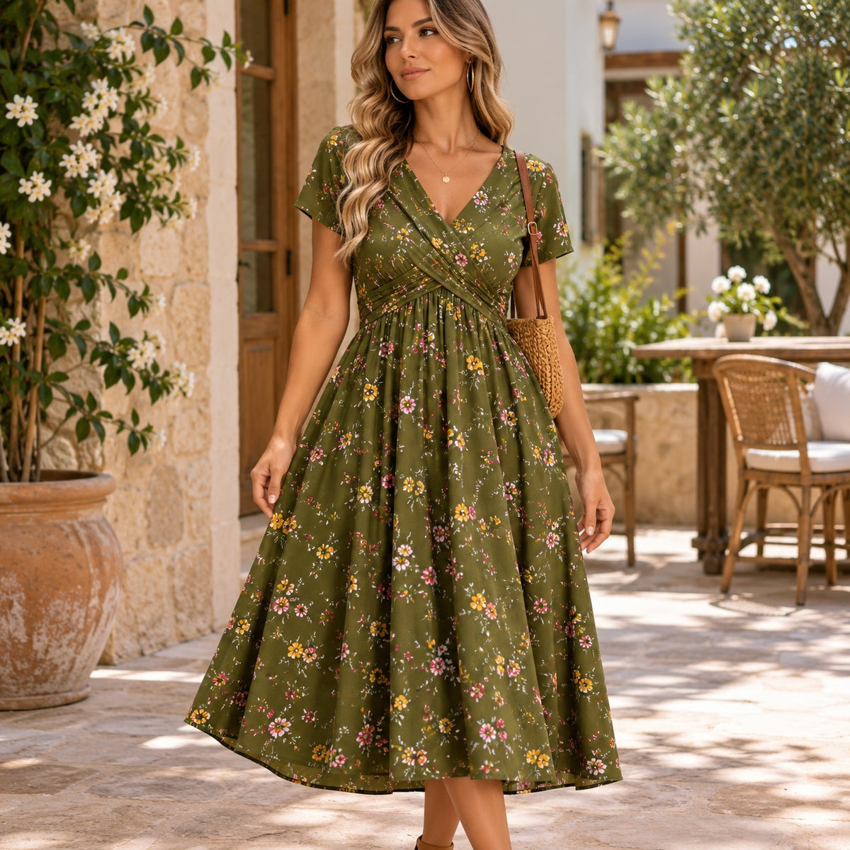 Florisa™ Floral Print Dress with Surplice V-Neck and Defined Waist