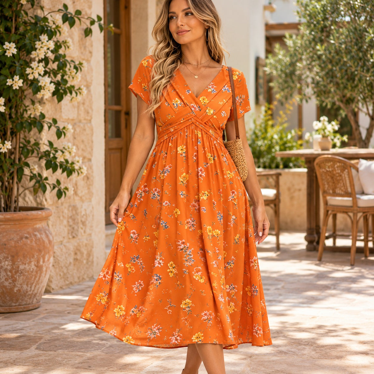 Florisa™ Floral Print Dress with Surplice V-Neck and Defined Waist