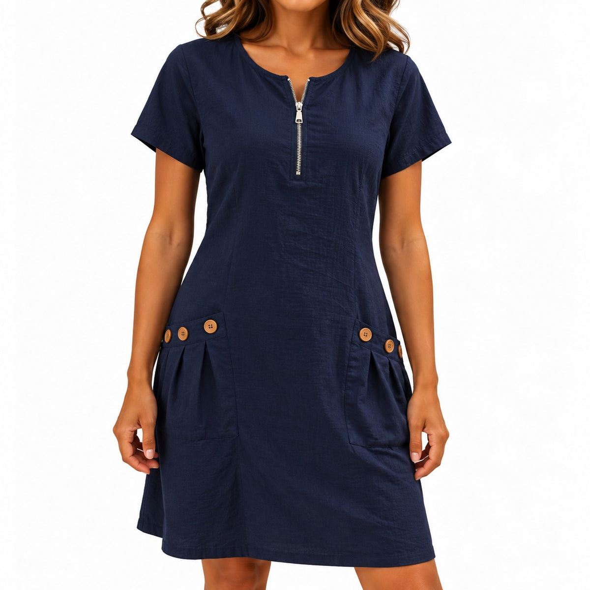 Dress Maxine™ in Cotton-Linen with a Zip Neckline and Button Pockets