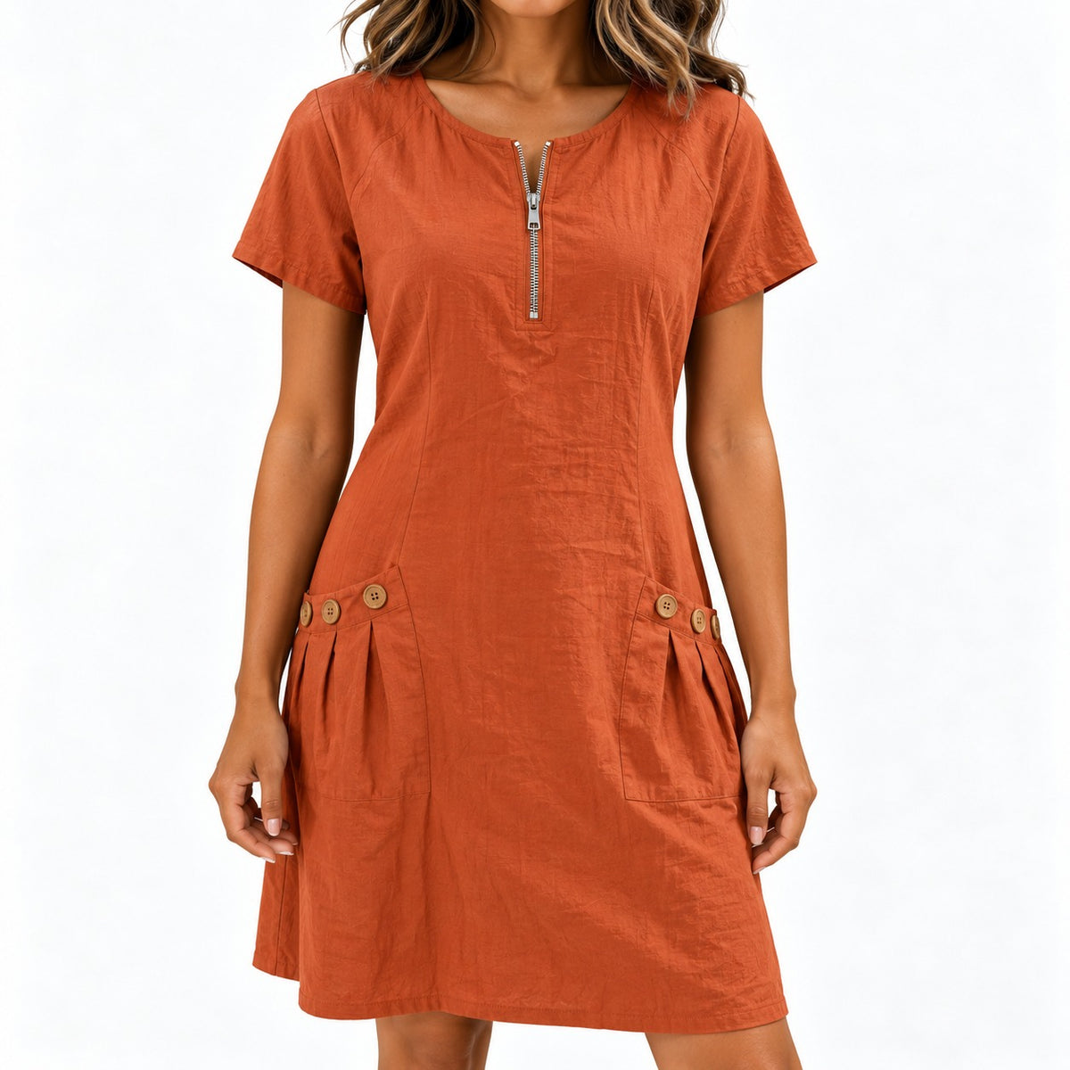 Dress Maxine™ in Cotton-Linen with a Zip Neckline and Button Pockets