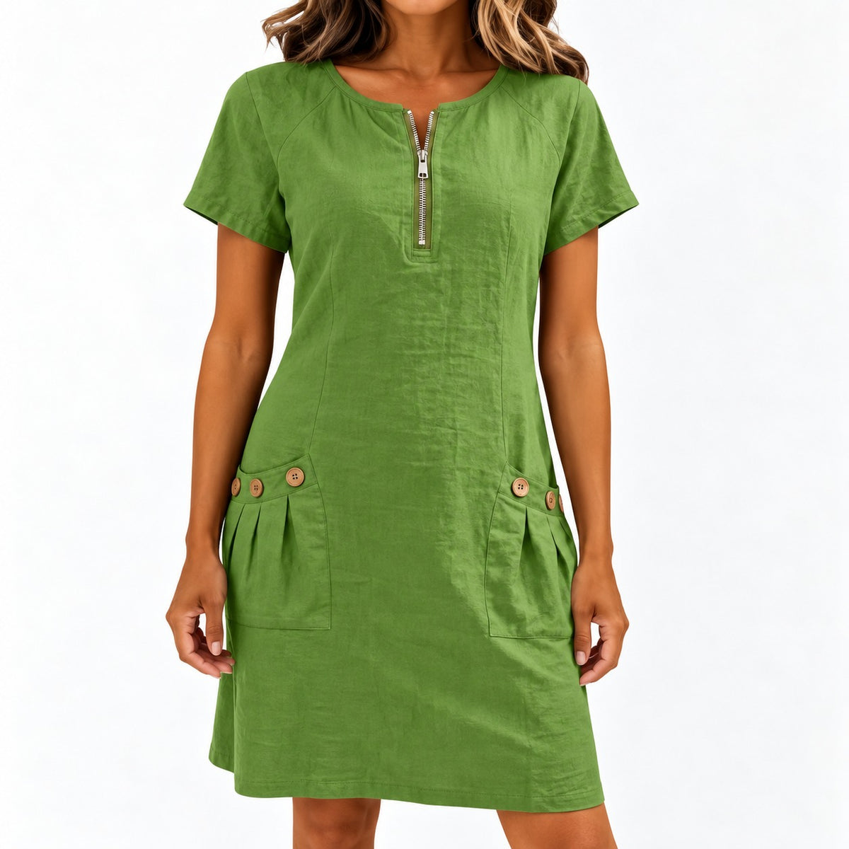 Dress Maxine™ in Cotton-Linen with a Zip Neckline and Button Pockets