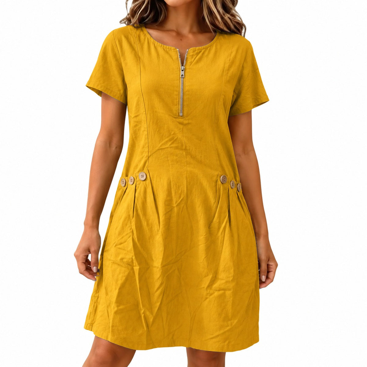 Dress Maxine™ in Cotton-Linen with a Zip Neckline and Button Pockets