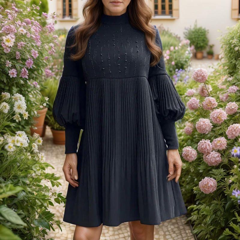 Parissey ™ Dress in Pleated Fabric with Appliquéd Puffed Sleeves / Classic Elegance to Shine on Any Occasion!