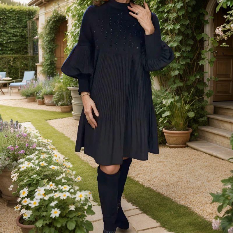 Parissey ™ Dress in Pleated Fabric with Appliquéd Puffed Sleeves / Classic Elegance to Shine on Any Occasion!