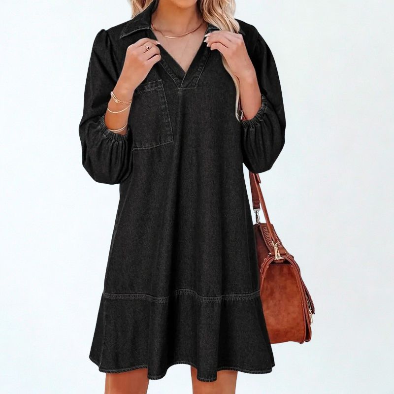 Madalena™ Jeans Dress with Lapel Collar and Puffed Sleeves / The Classic Renewed with Comfort and Femininity