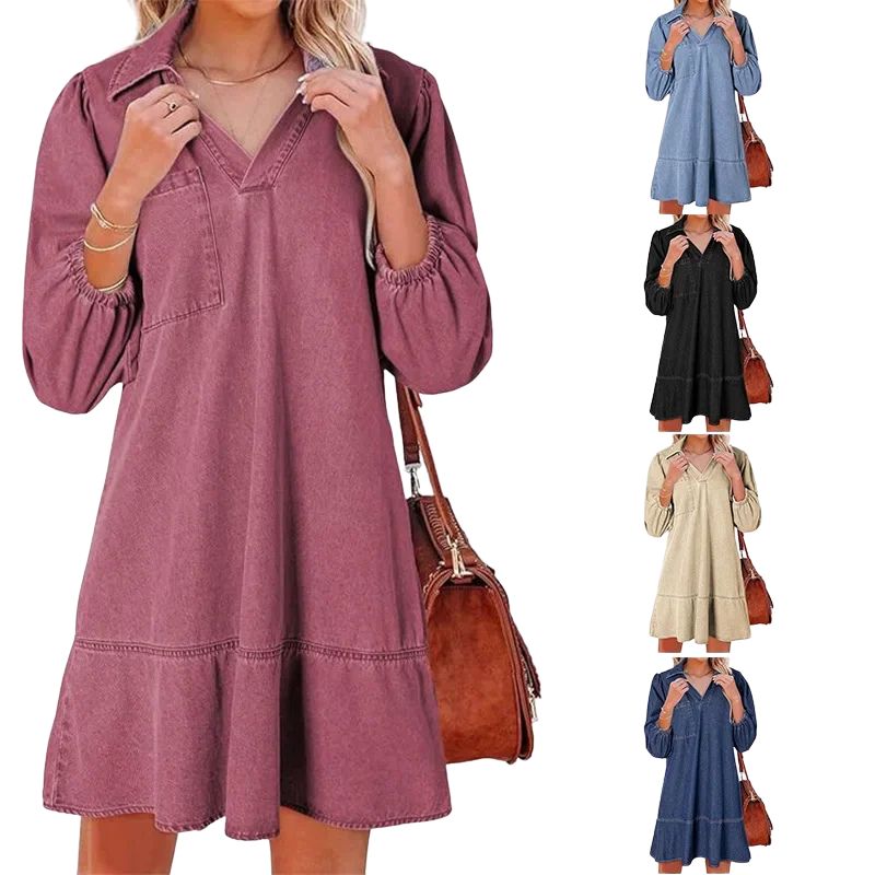 Madalena™ Jeans Dress with Lapel Collar and Puffed Sleeves / The Classic Renewed with Comfort and Femininity