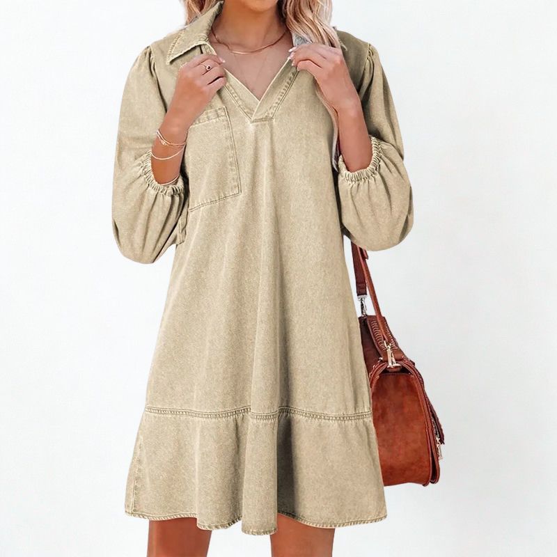 Madalena™ Jeans Dress with Lapel Collar and Puffed Sleeves / The Classic Renewed with Comfort and Femininity