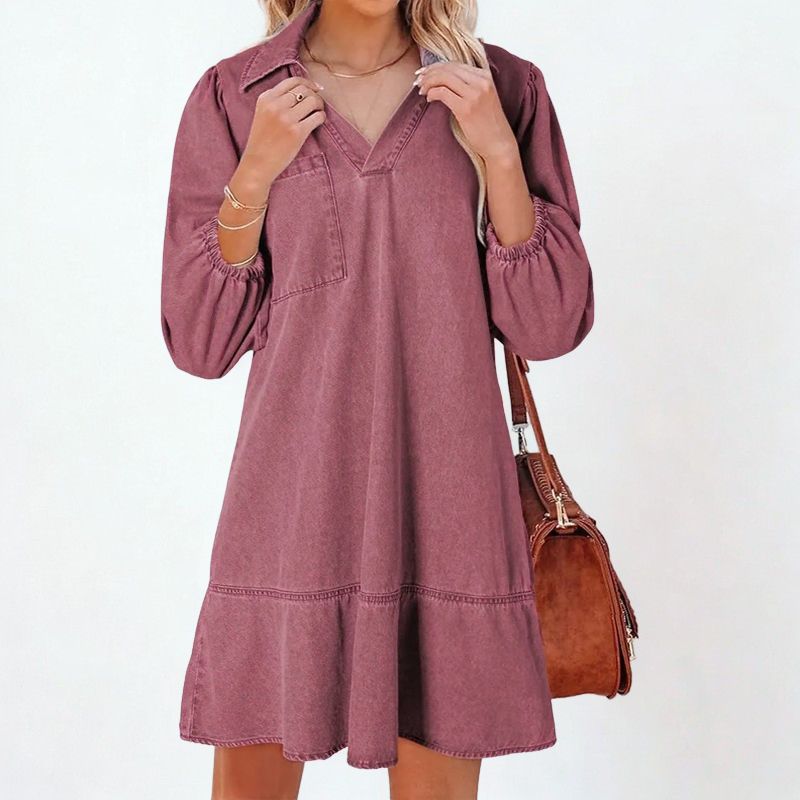 Madalena™ Jeans Dress with Lapel Collar and Puffed Sleeves / The Classic Renewed with Comfort and Femininity