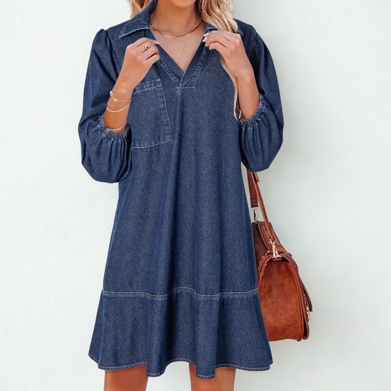 Madalena™ Jeans Dress with Lapel Collar and Puffed Sleeves / The Classic Renewed with Comfort and Femininity