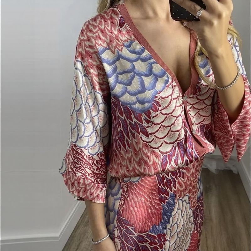 Sakura™ Set in Premium Satin with Kimono Blouse and Long Printed Skirt / An Ode to Sophisticated Femininity that Shines on Any Occasion!