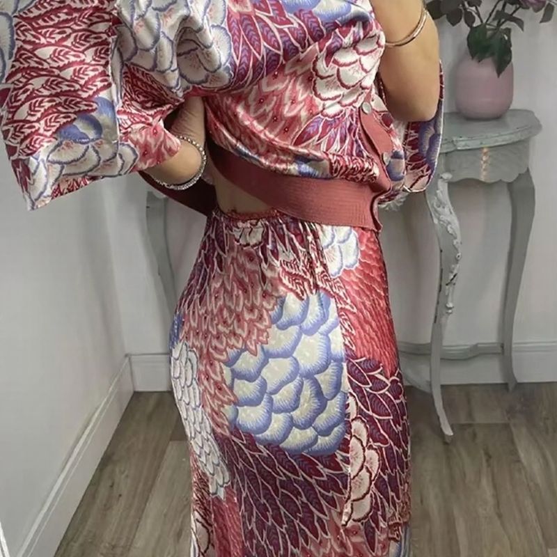 Sakura™ Set in Premium Satin with Kimono Blouse and Long Printed Skirt / An Ode to Sophisticated Femininity that Shines on Any Occasion!