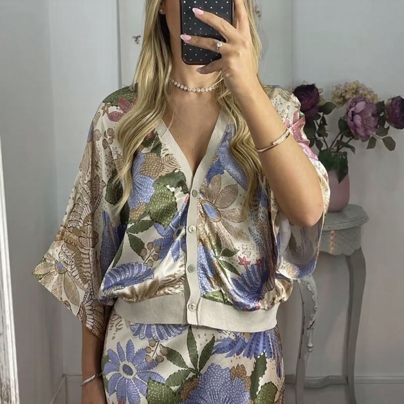 Sakura™ Set in Premium Satin with Kimono Blouse and Long Printed Skirt / An Ode to Sophisticated Femininity that Shines on Any Occasion!