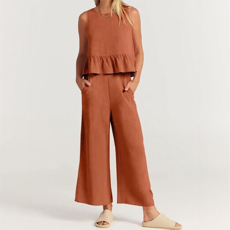 Agatha™ Mixed Linen Set with Ruffles and Wide-Leg Pants / Elegant Minimalism for Stylish Women!
