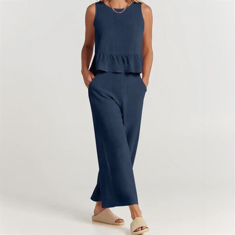 Agatha™ Mixed Linen Set with Ruffles and Wide-Leg Pants / Elegant Minimalism for Stylish Women!