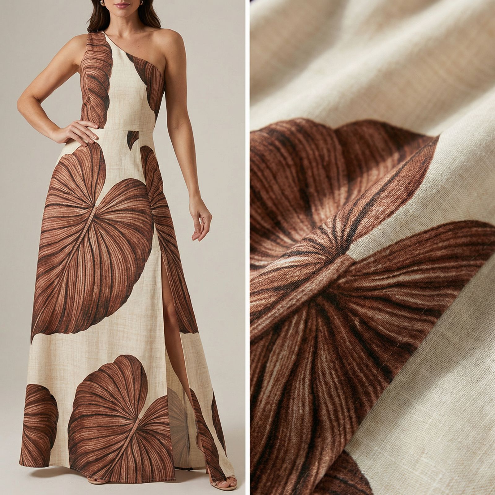 Yara™ Maxi Dress in Textured Viscose with Side Slit and Asymmetrical Neckline