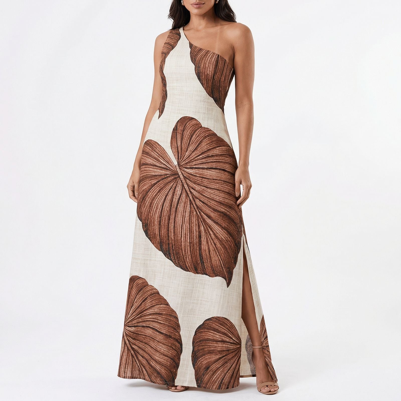 Yara™ Maxi Dress in Textured Viscose with Side Slit and Asymmetrical Neckline