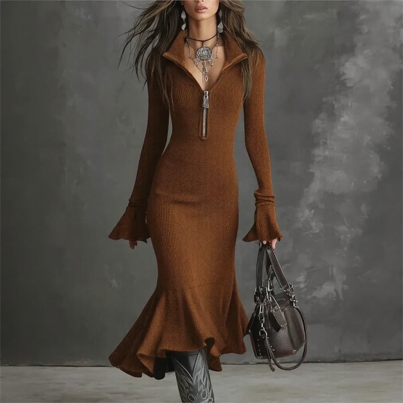 Evora Luxe™ Ribbed Knit Dress With Front Zipper and Mermaid Hem