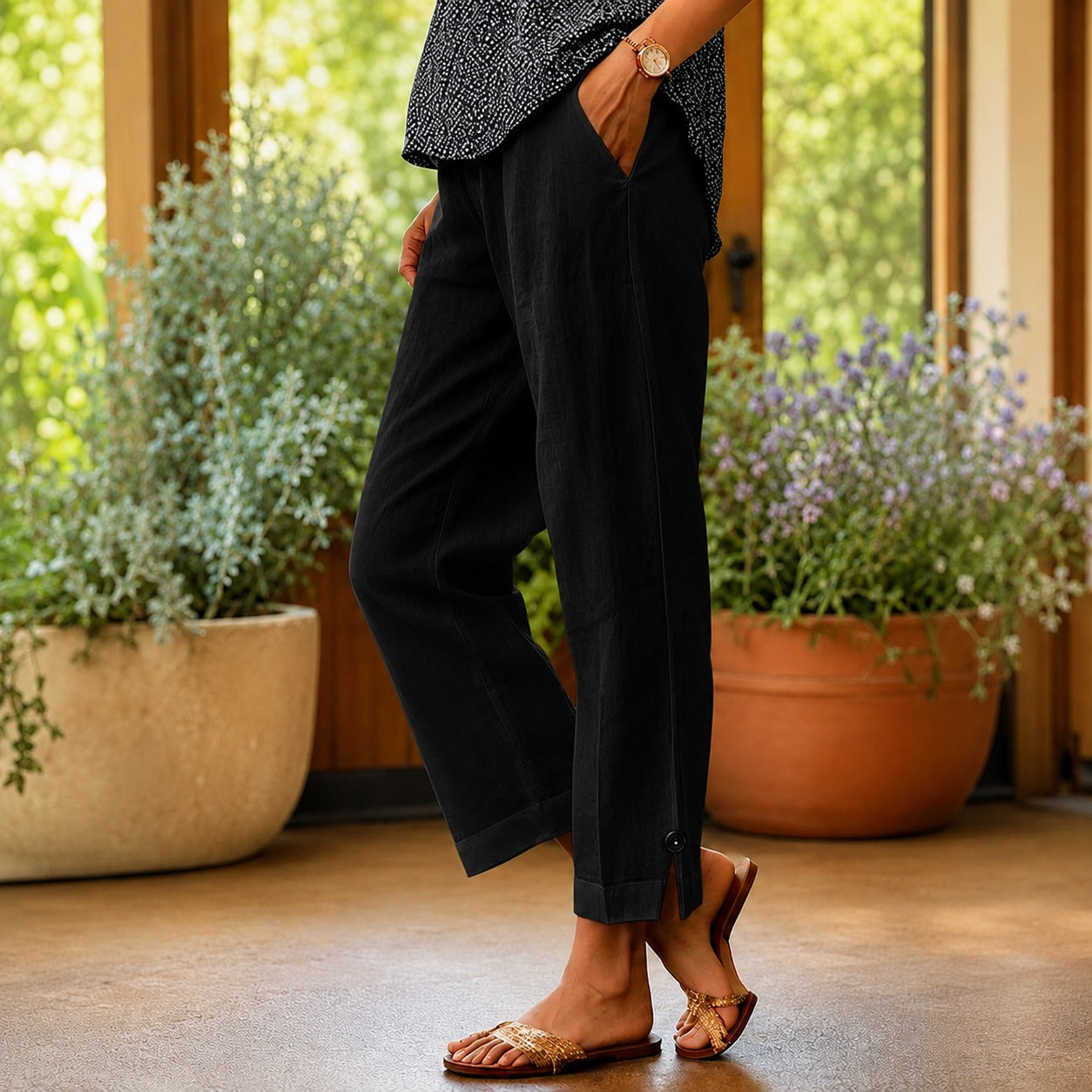 Sylvie™ Cotton Linen Pants with Side Slit Hem