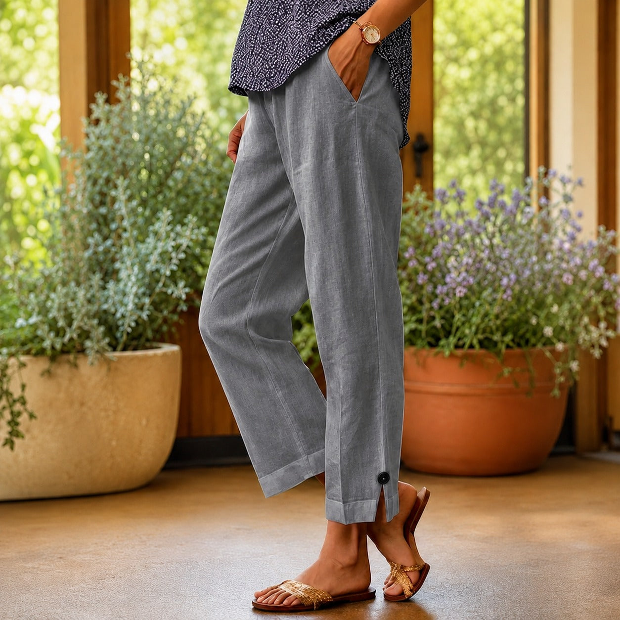 Sylvie™ Cotton Linen Pants with Side Slit Hem