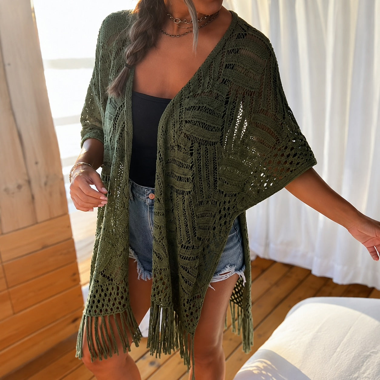 Calivie™ Open-Knit Kimono With Fringe