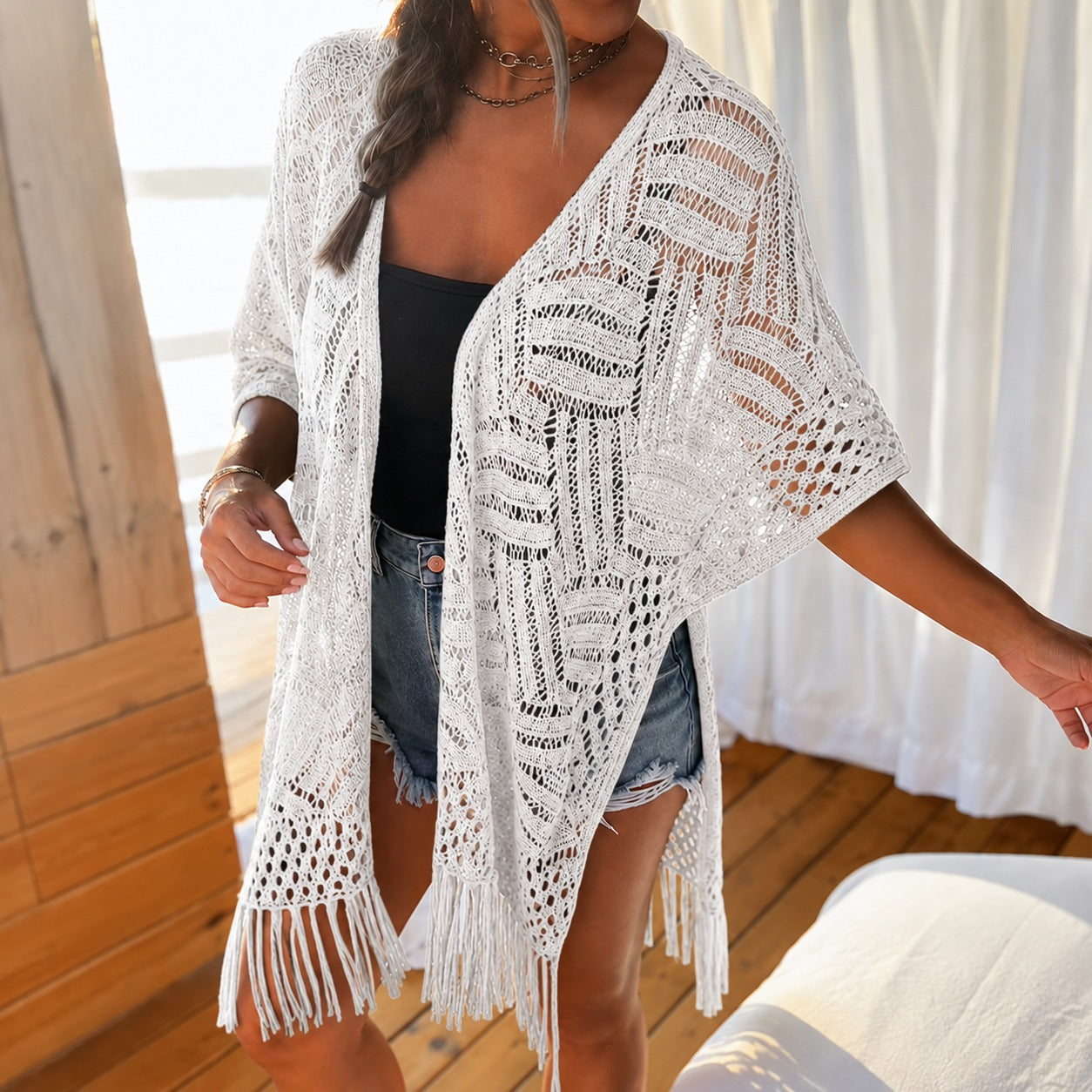 Calivie™ Open-Knit Kimono With Fringe