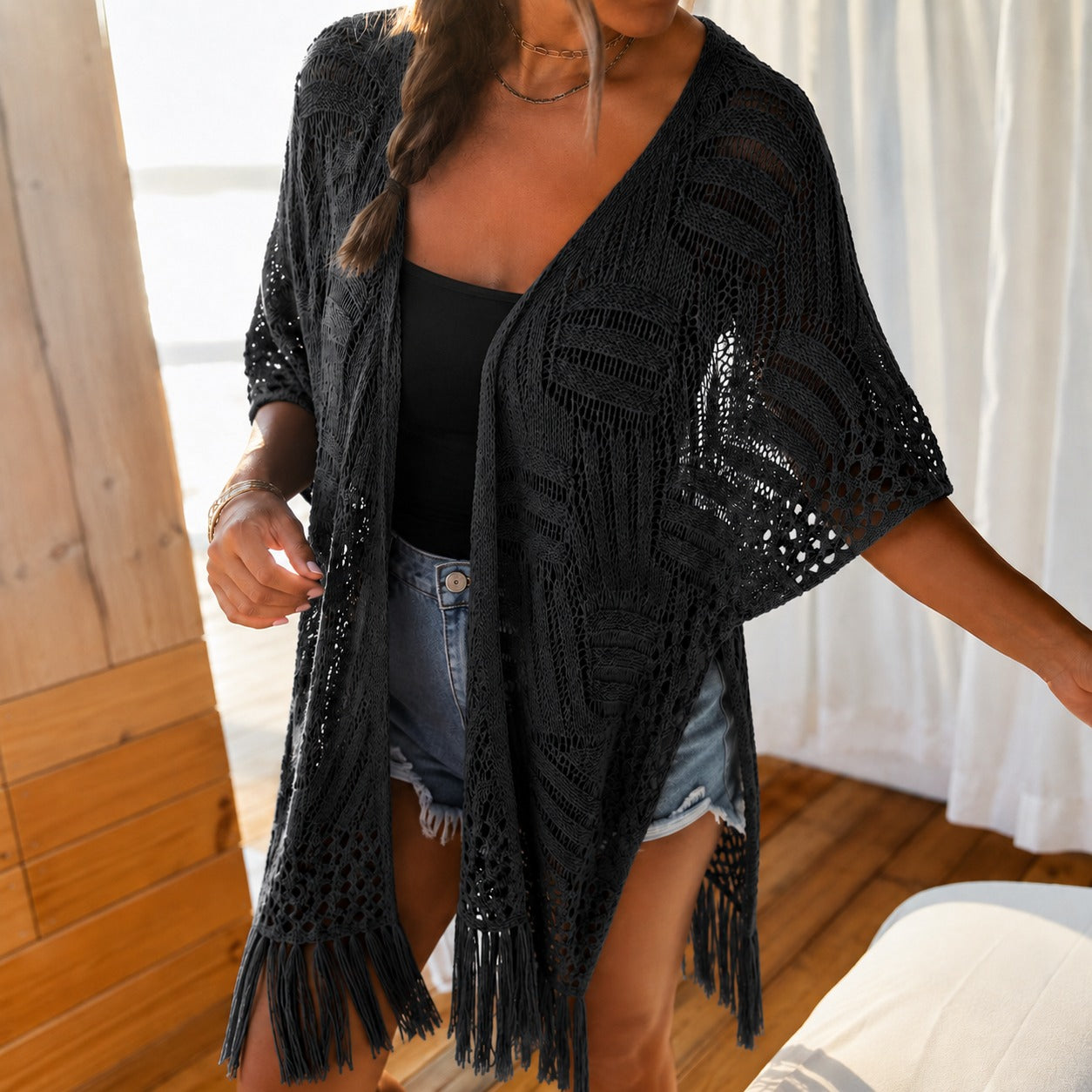 Calivie™ Open-Knit Kimono With Fringe