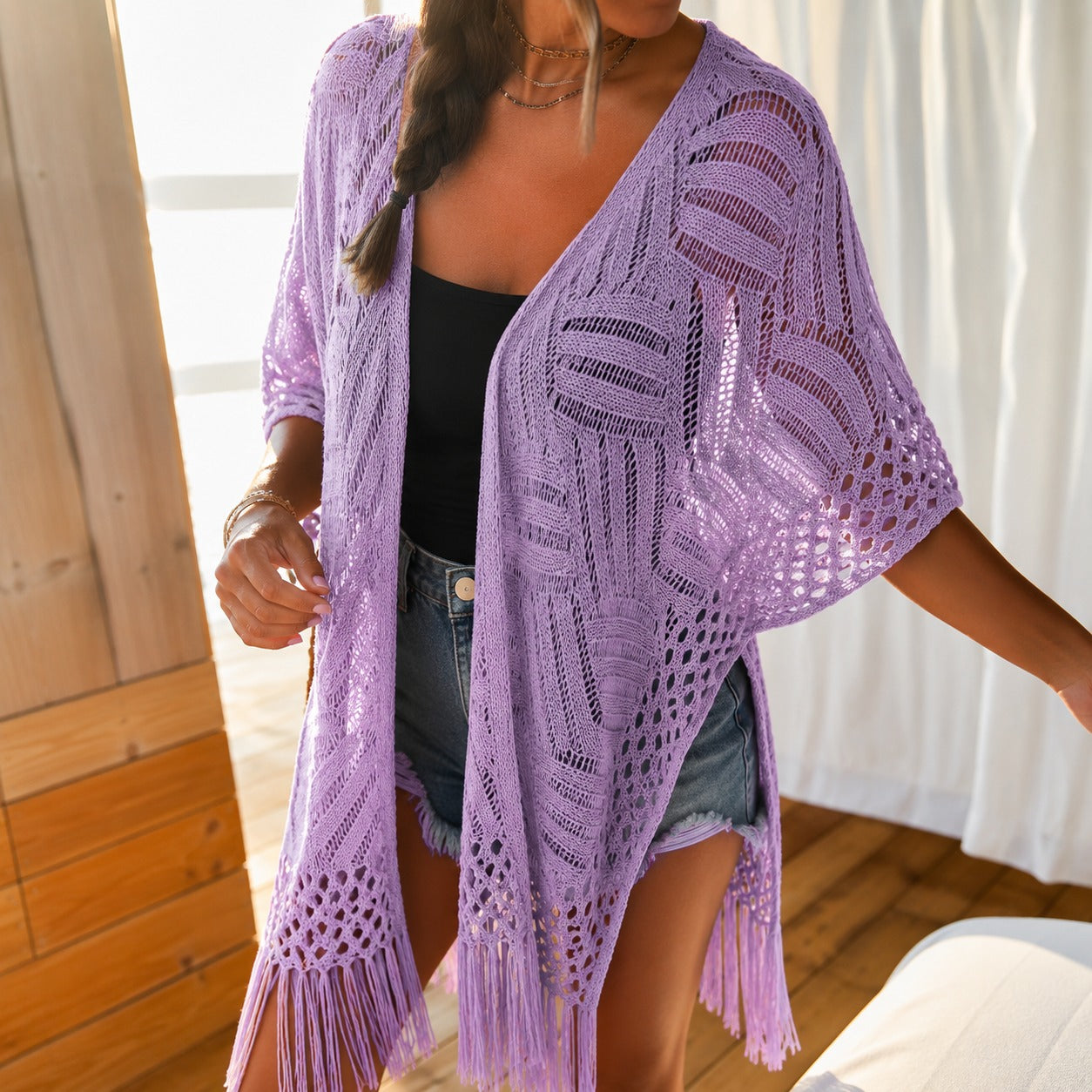 Calivie™ Open-Knit Kimono With Fringe