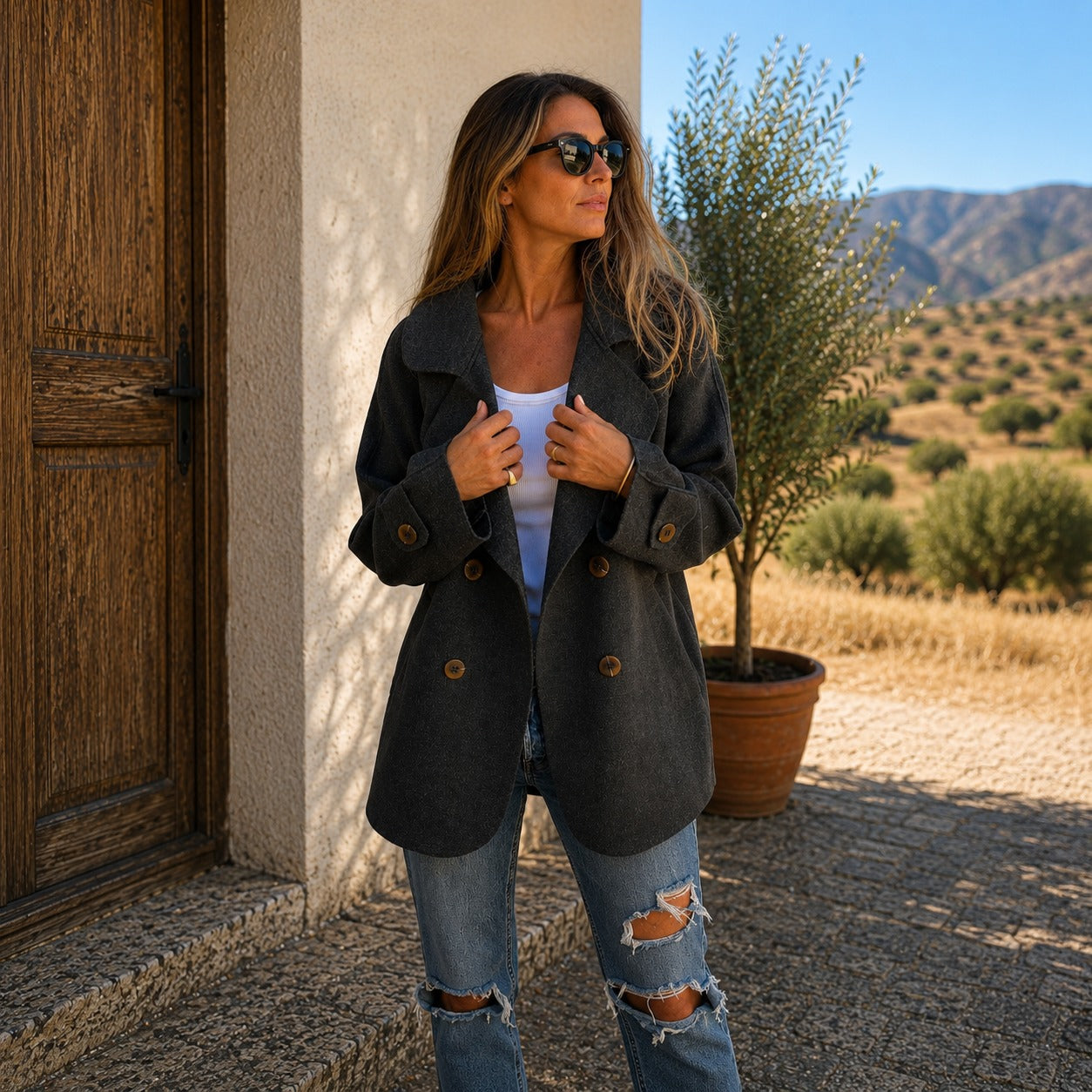 Women's Coat Marenne™ with Contrast Buttons, Back Belt and Wide Lapels