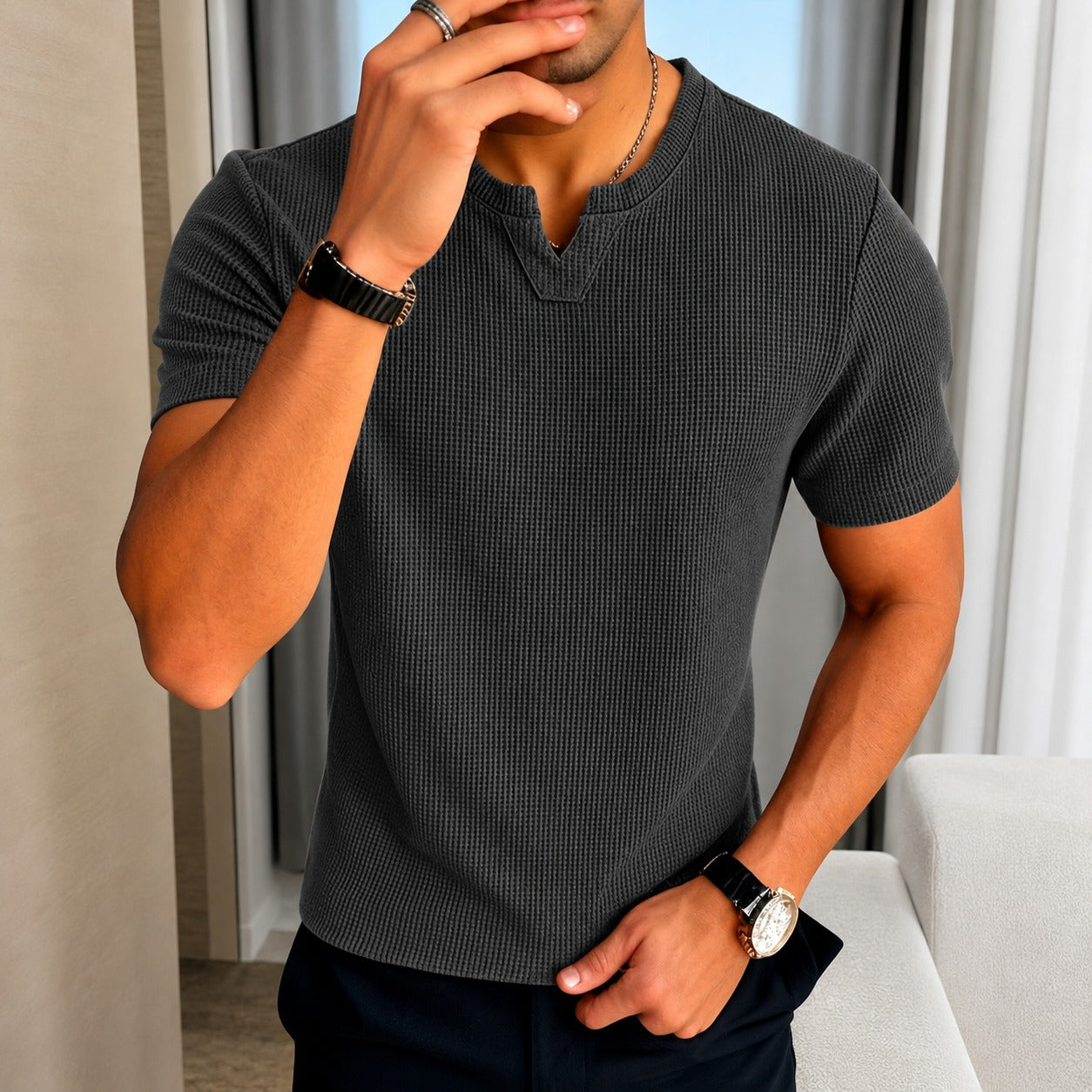 Matthew™ T-Shirt in Textured Cotton Knit with Old Money Style