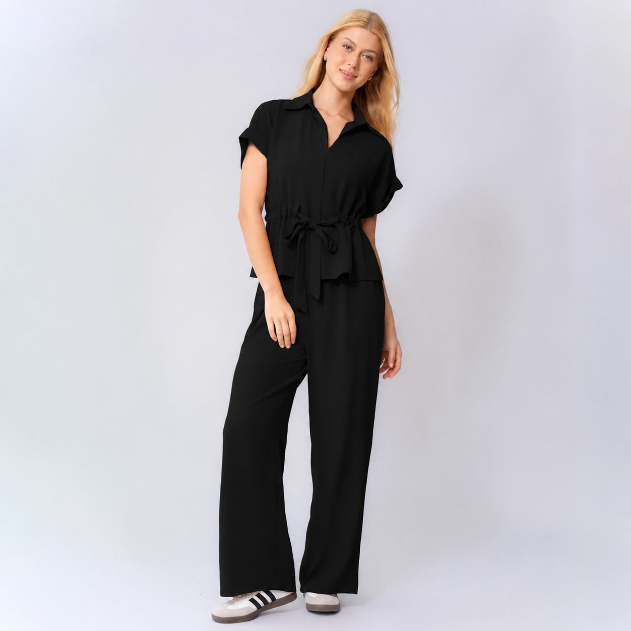 Two-Piece Set Cambria™ with Tie-Waist Top and Wide-Leg Pants.