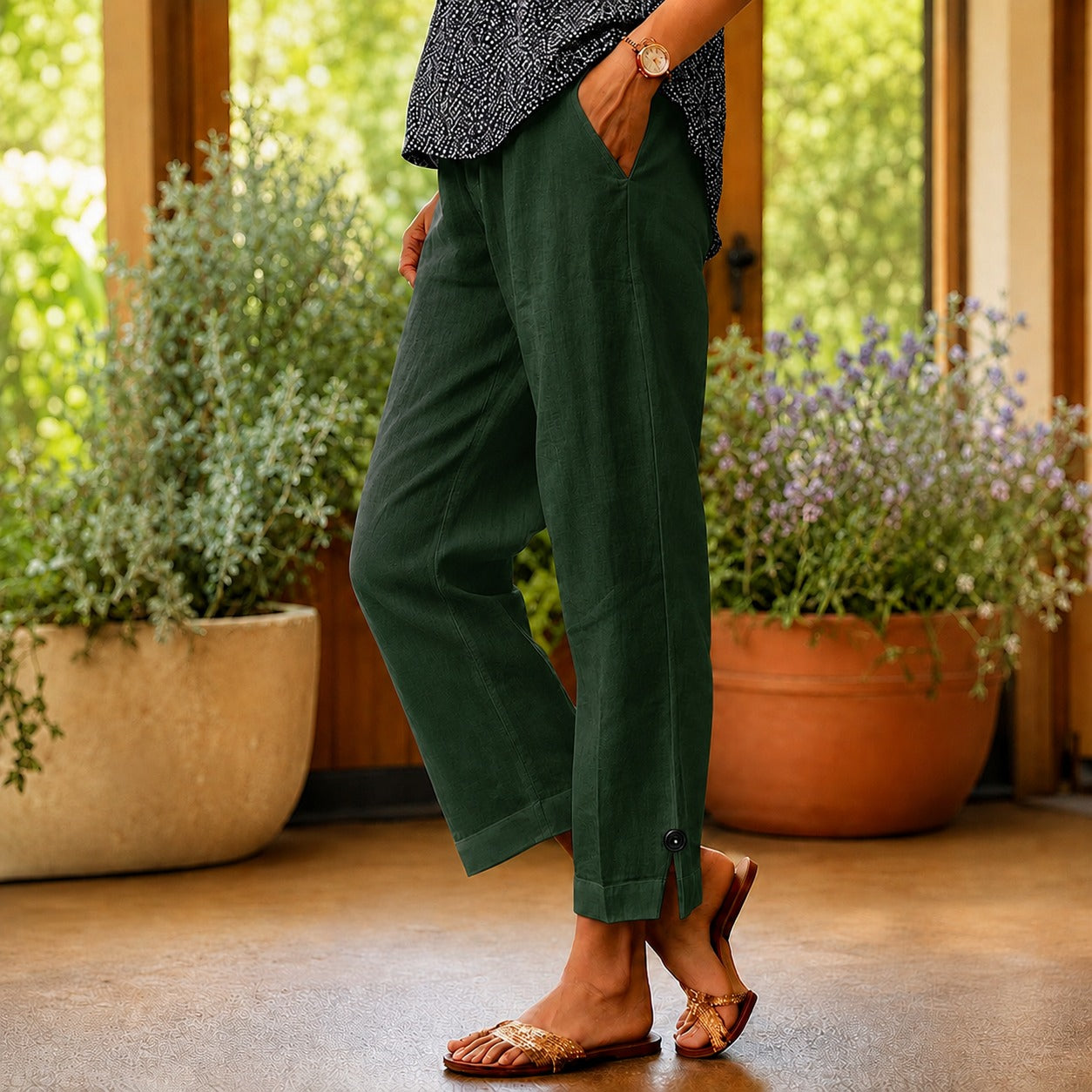 Sylvie™ Cotton Linen Pants with Side Slit Hem