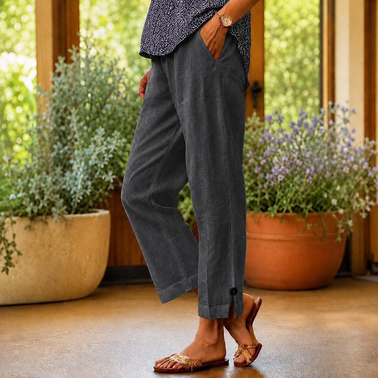 Sylvie™ Cotton Linen Pants with Side Slit Hem