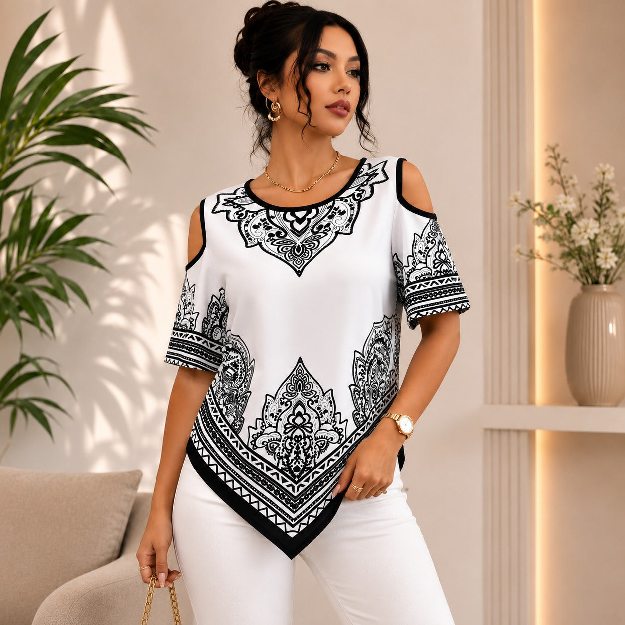 Calisse™ Blouse with Cold-Shoulder Design, Ornamental Print and Asymmetrical Hem.