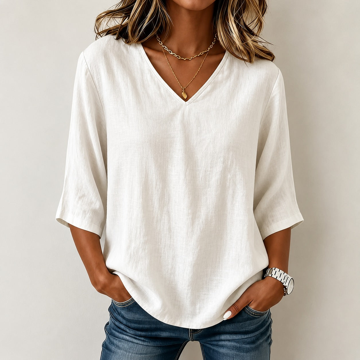 Blouse Abigail™ Cotton Linen with V-Neck and Three-Quarter Sleeves