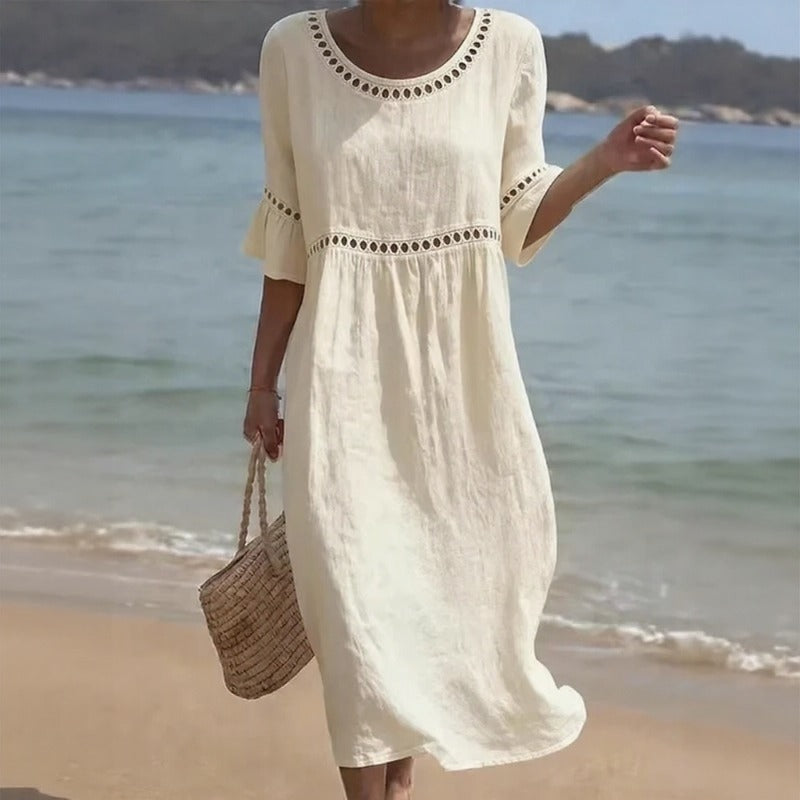 Mireza™ Cotton-Linen Dress with Eyelet Details and Ruffle Sleeves