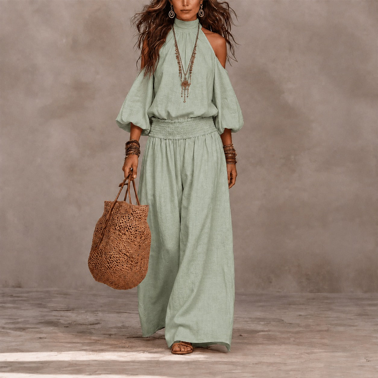 Set Oceane™ with Cold-Shoulder Top and Smocked Wide-Leg Pants.