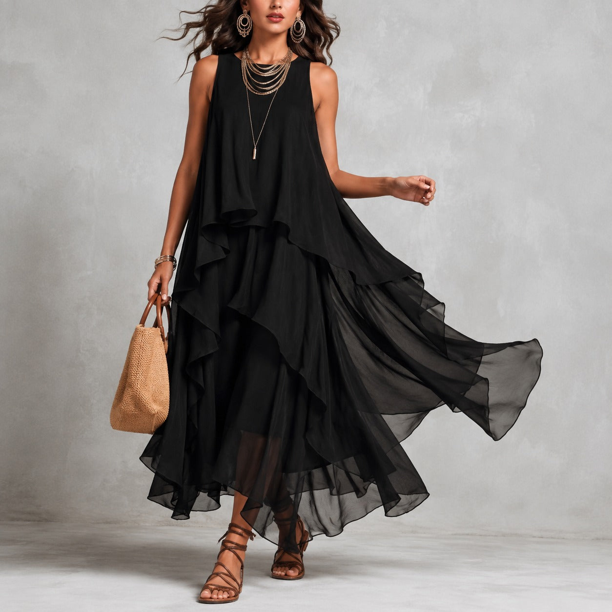 Dress Rachel™ with Asymmetrical Layering and Maxi Length