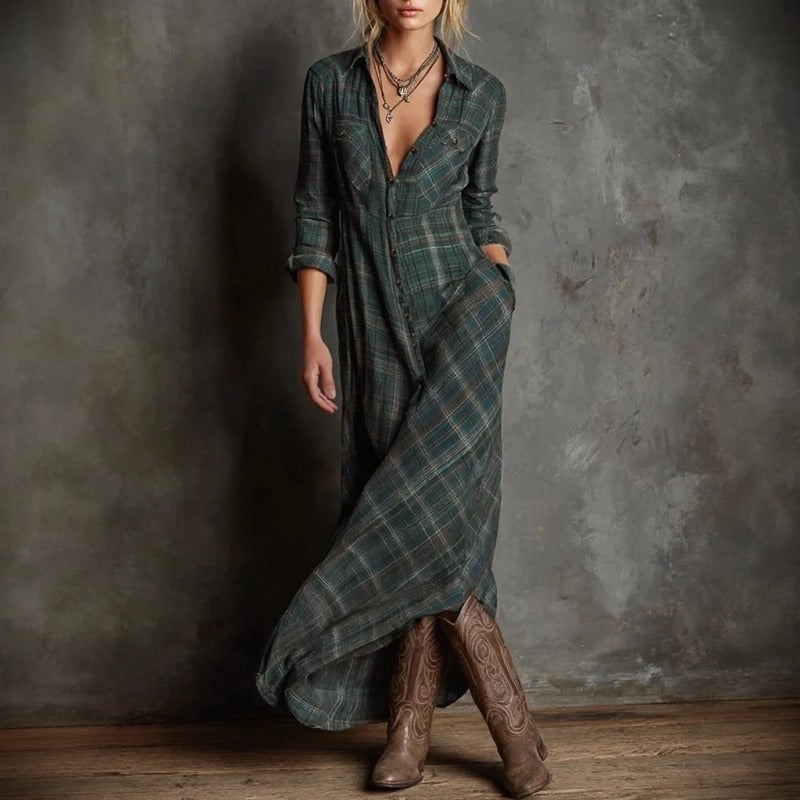 Valdine™ Long-Sleeve Plaid Maxi Dress with Front Buttons