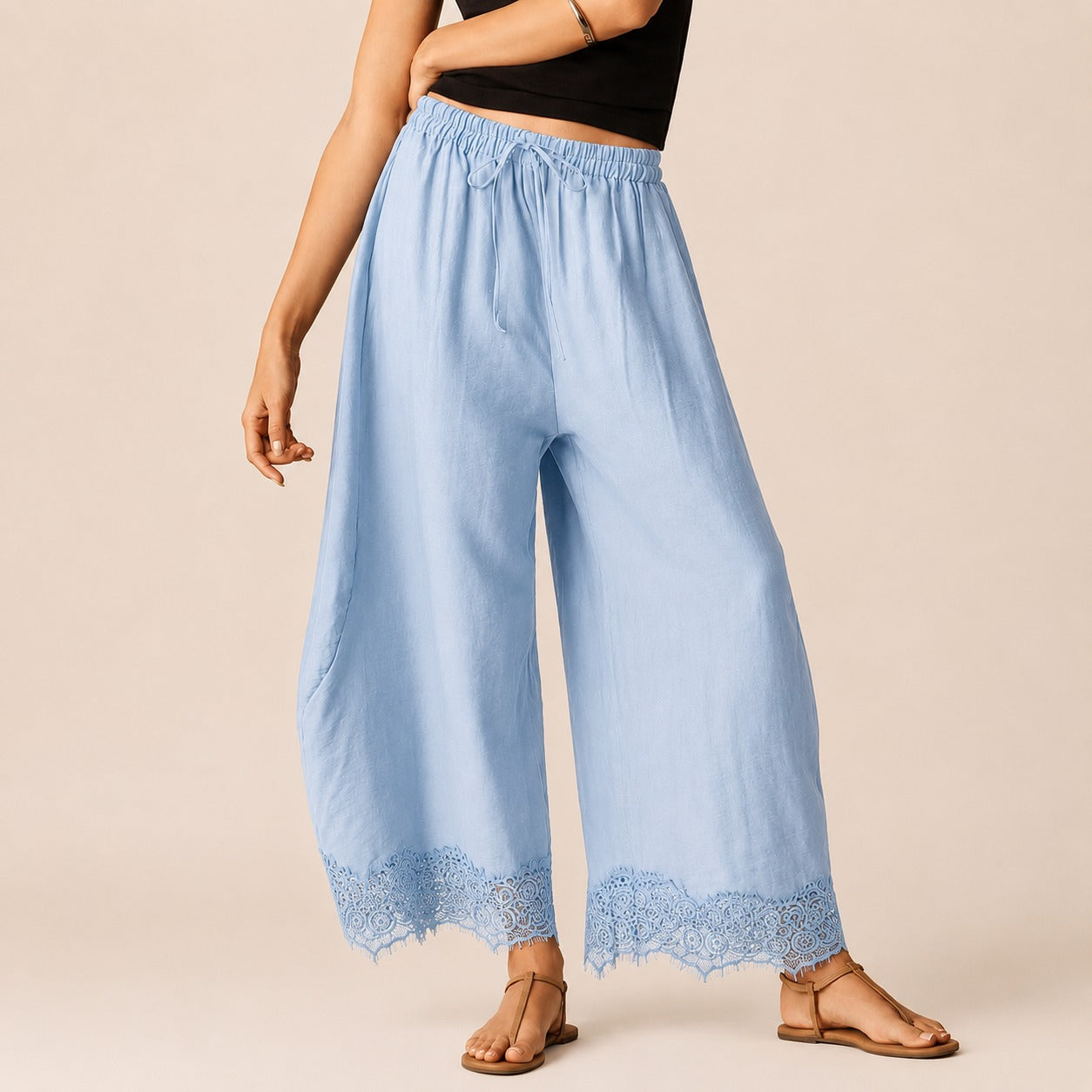 Vallena™ Wide-Leg Pants with Lace Hem and Adjustable Elastic Waist