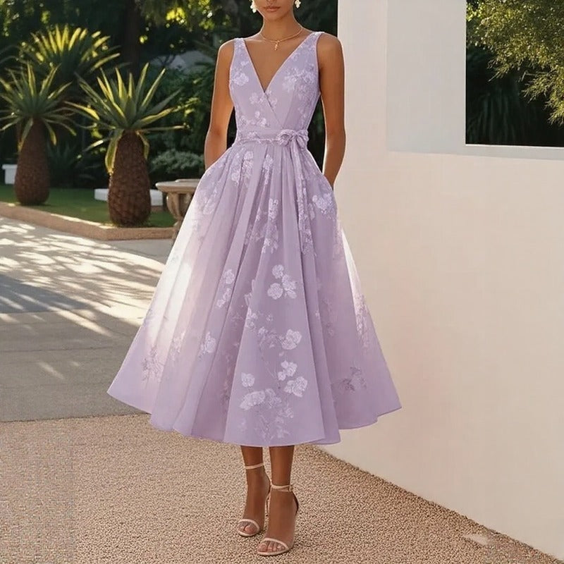 Lavienne™ Floral Midi Dress with Tie Waist