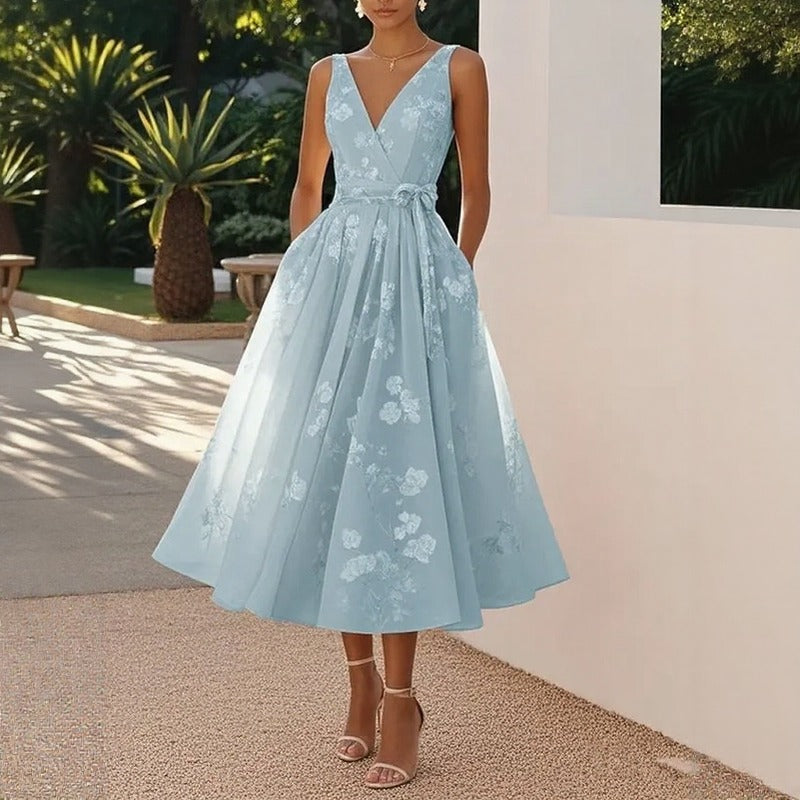 Lavienne™ Floral Midi Dress with Tie Waist