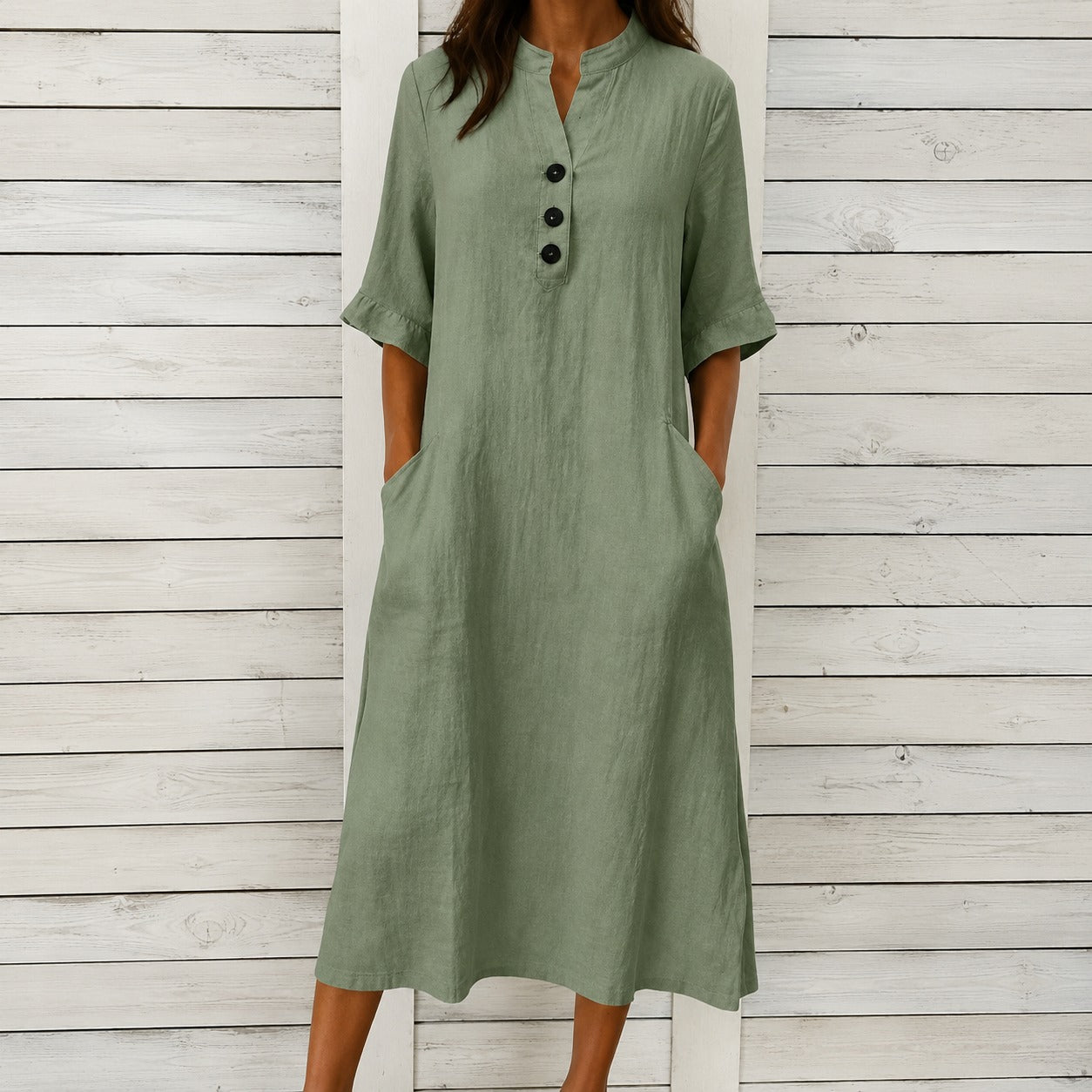 Dress Julia™ in Cotton with Stand Collar, Button Front and Pockets
